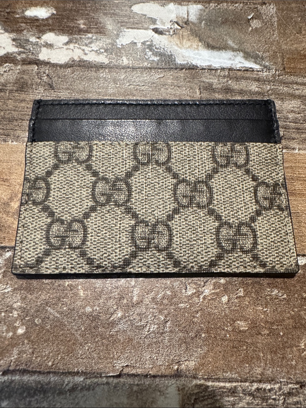 Gucci Supreme Monogram Canvas Card Holder with Black Leather Trim